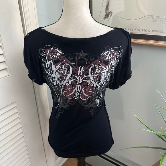 HARLEY DAVIDSON Top Womens Small Black Fitted Tee Graphic Studded Retro Y2K - Picture 4 of 9